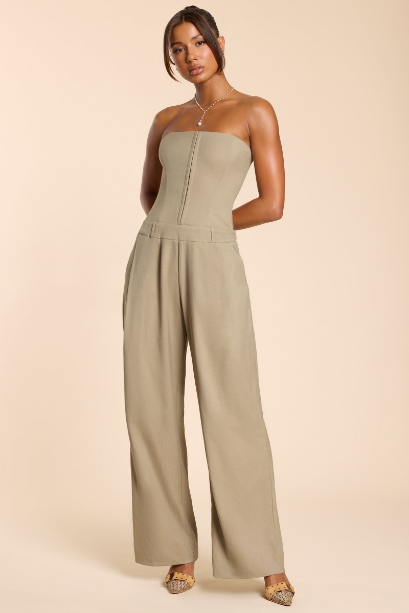 Grey Brown Women's Oh Polly Brushed Twill Bandeau Corset Jumpsuit | 47091NPTJ