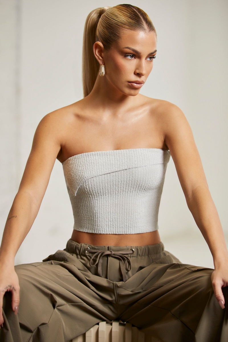 Grey Women's Oh Polly Overlap Bandeau Crop Tops | 40627FDVX