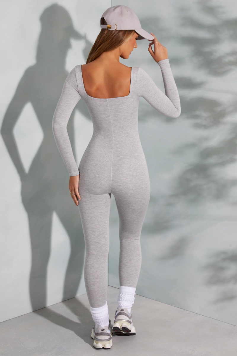 Grey Women's Oh Polly Square Neck Long Sleeve Jumpsuit | 72084YNCF