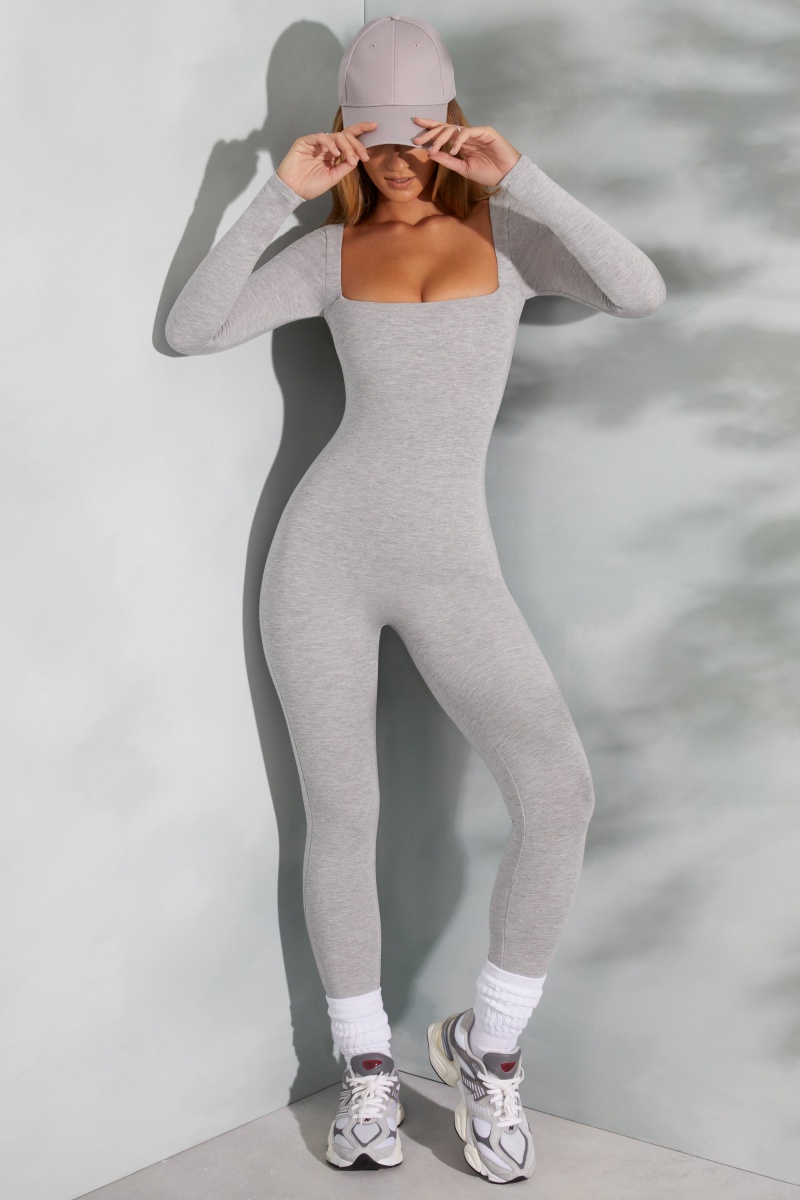 Grey Women's Oh Polly Square Neck Long Sleeve Jumpsuit | 72084YNCF