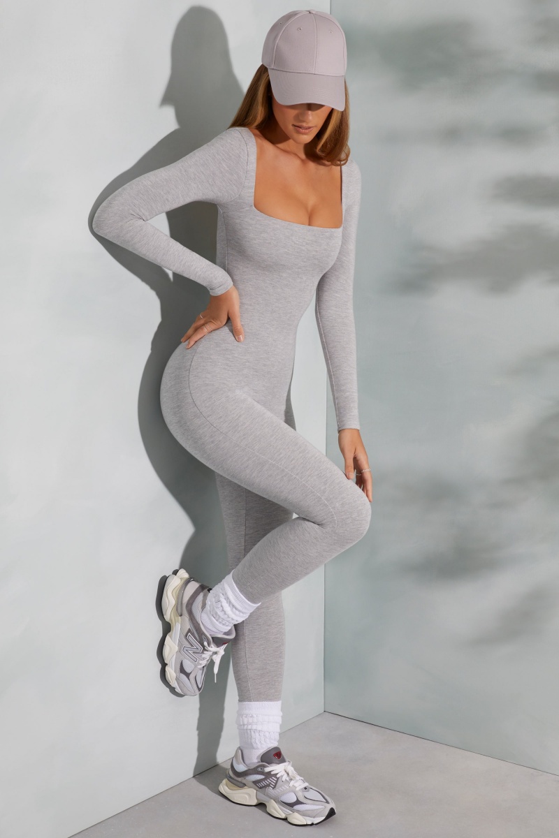 Grey Women's Oh Polly Square Neck Long Sleeve Jumpsuit | 72084YNCF