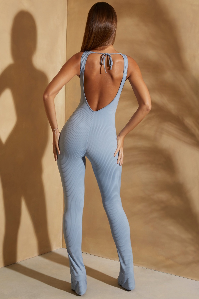 Light Blue Women's Oh Polly Ribbed Cut Out Back Jumpsuit | 69148UTEJ