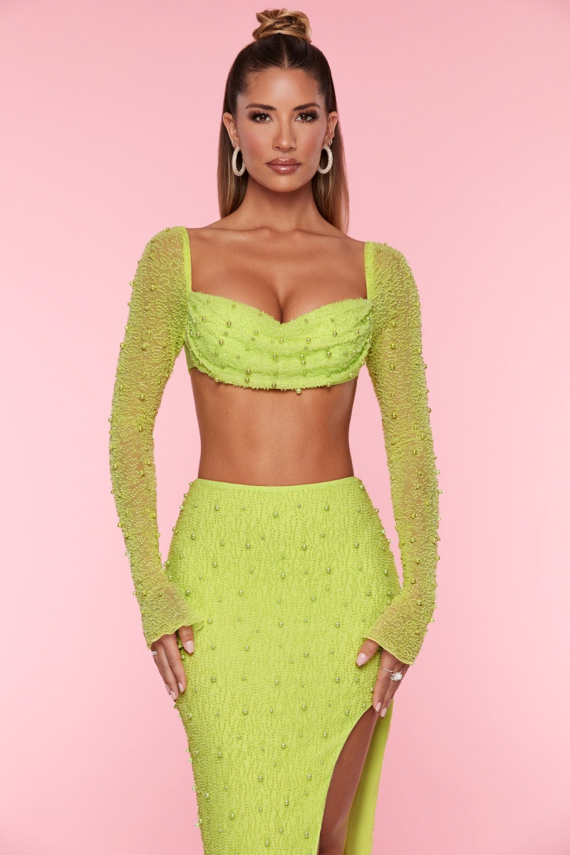 Light Green Women's Oh Polly Embellished Cowl Neck Crop Tops | 47610LWAE