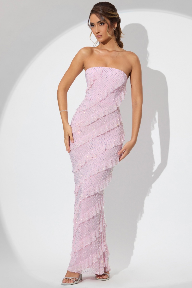 Pink Women's Oh Polly Embellished Strapless Ruffle Maxi Dress | 09486NQJT