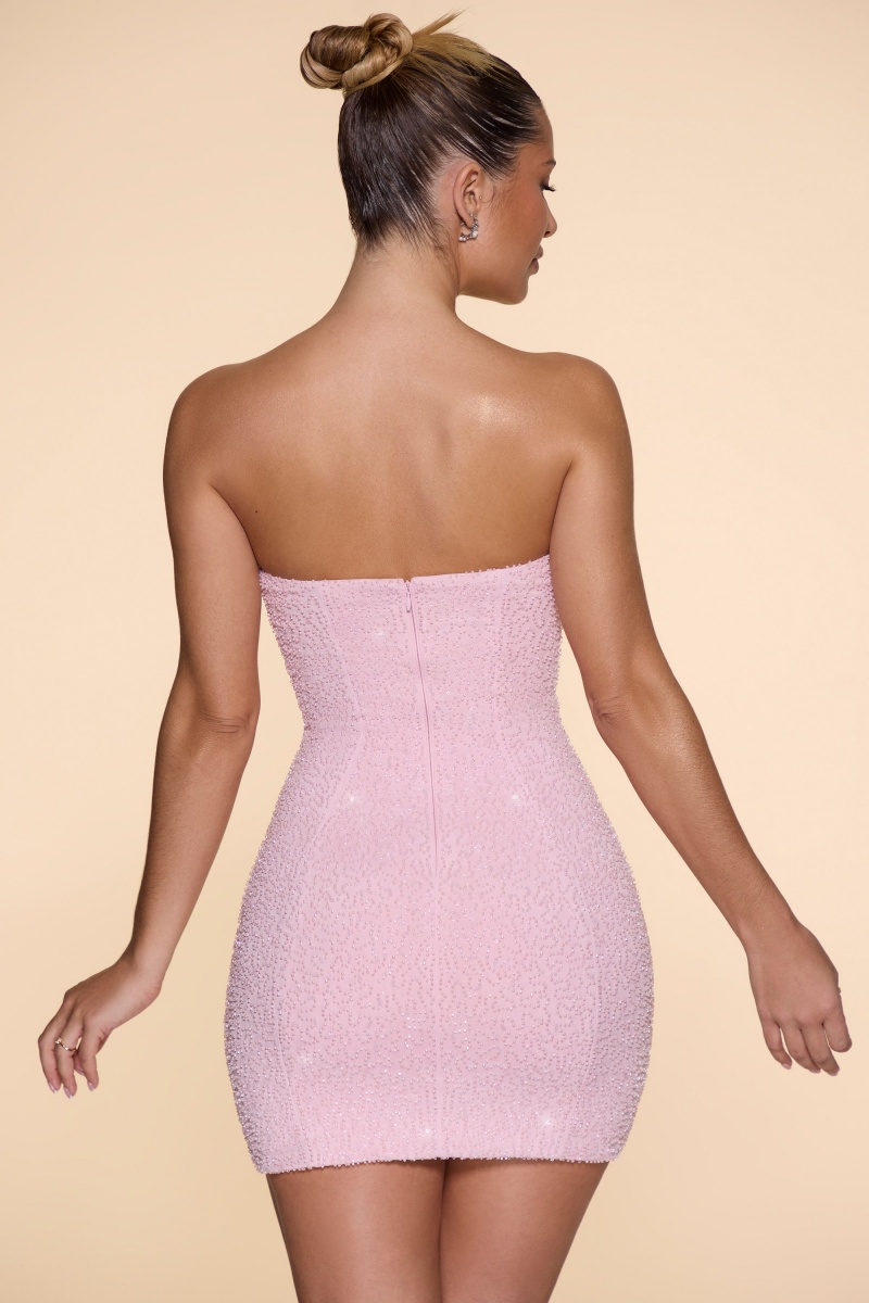 Pink Women's Oh Polly Embellished Strapless Cowl Neck Mini Dress | 02971ZUEY