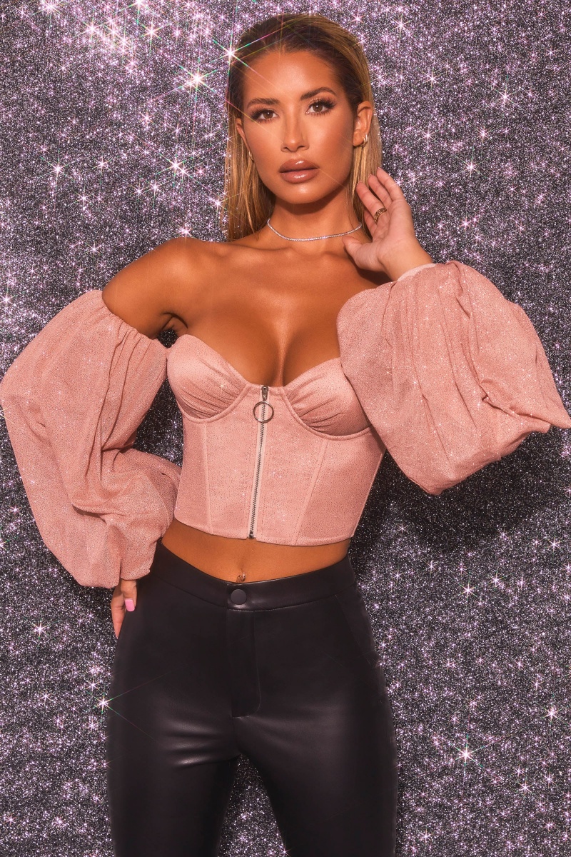 Pink Women's Oh Polly Keep On Shining Bardot Puff Sleeve Crop Tops | 89736VSYI