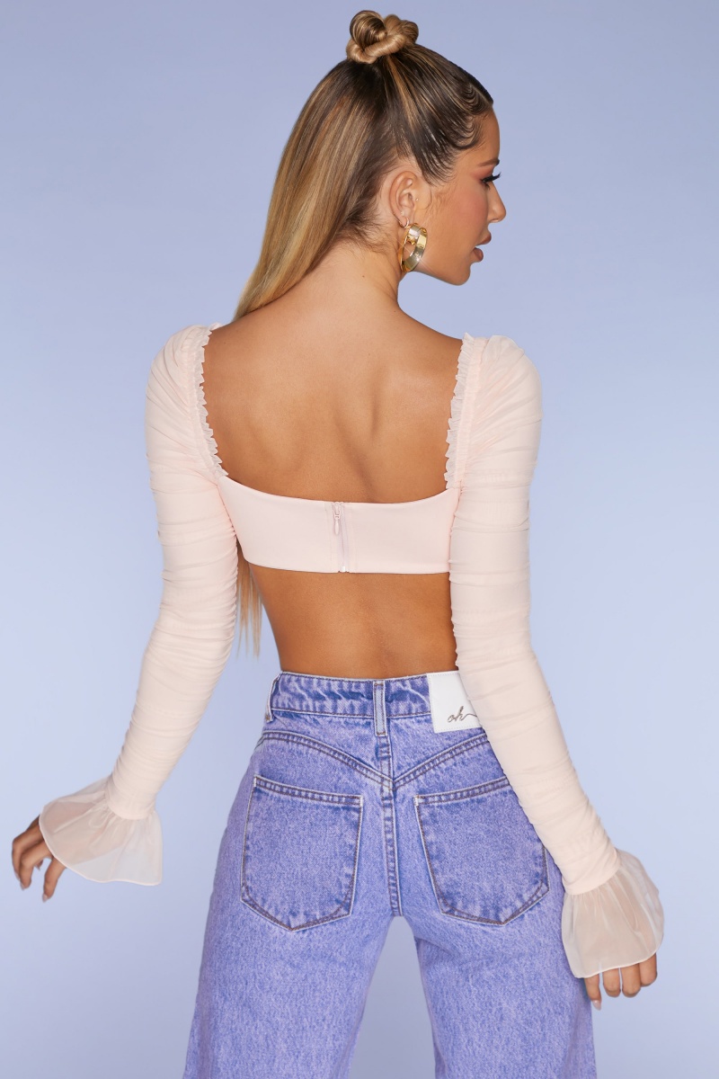 Pink Women's Oh Polly Long Sleeve Ruched Crop Tops | 90681DOXG