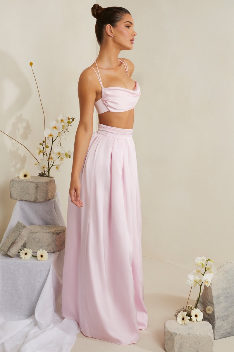 Pink Women's Oh Polly Pleated Heavy Satin Maxi Skirts | 05479FCNG