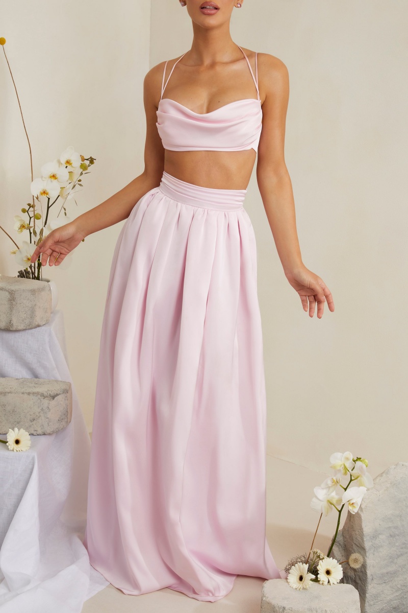 Pink Women's Oh Polly Pleated Heavy Satin Maxi Skirts | 05479FCNG