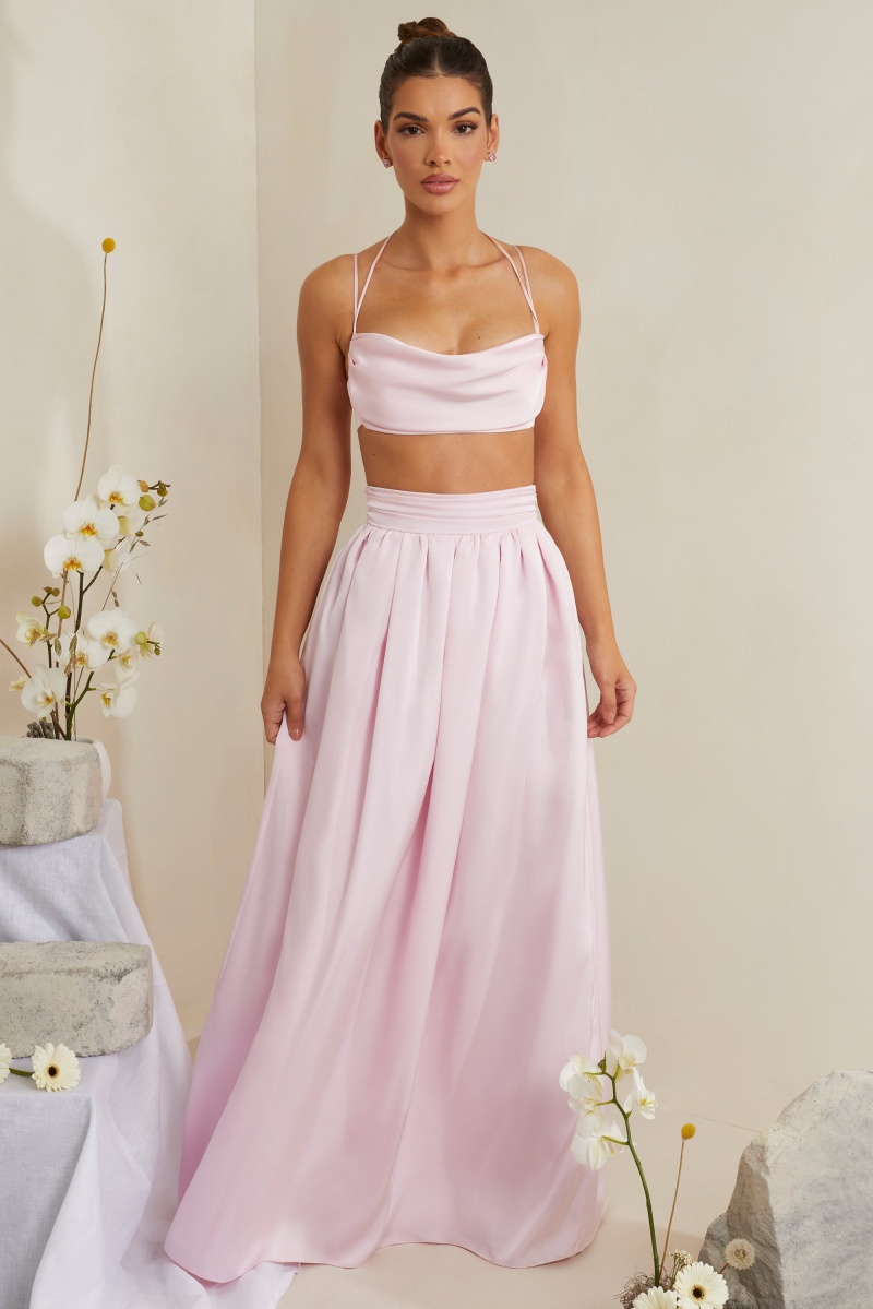 Pink Women's Oh Polly Pleated Heavy Satin Maxi Skirts | 05479FCNG