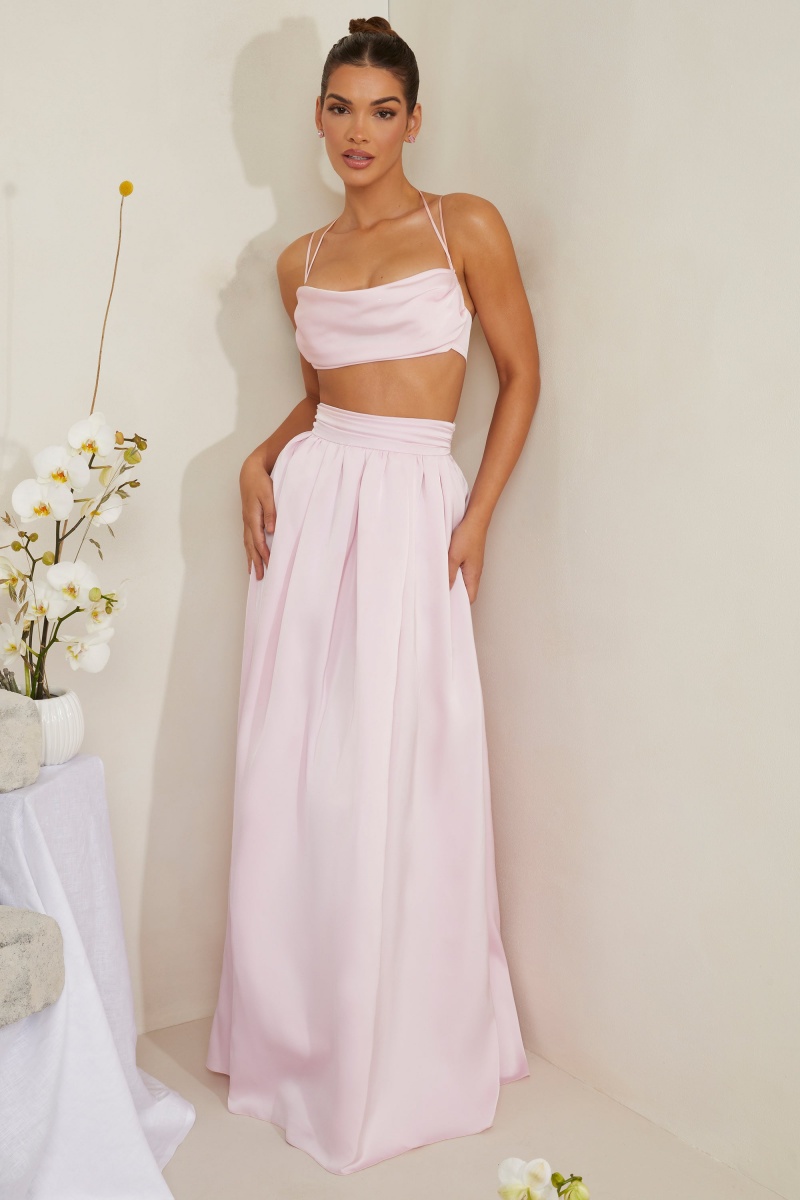 Pink Women's Oh Polly Pleated Heavy Satin Maxi Skirts | 05479FCNG