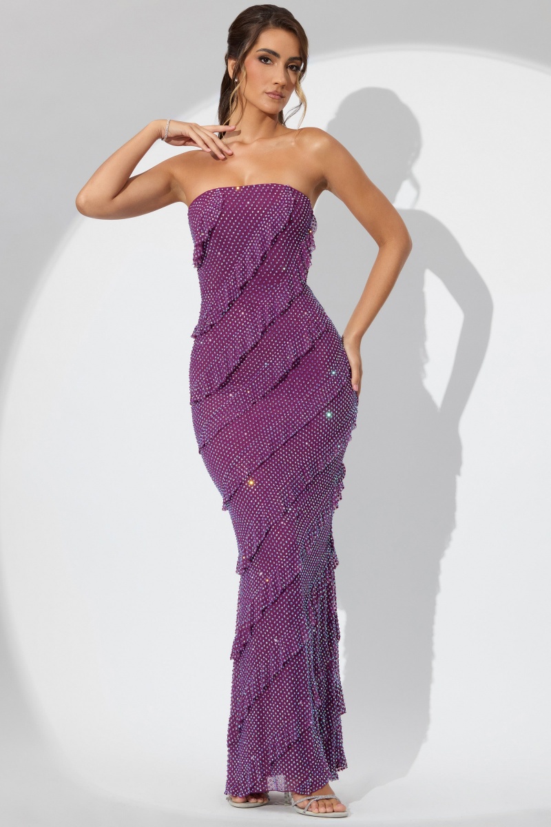 Purple Women's Oh Polly Embellished Strapless Ruffle Maxi Dress | 10349GTME