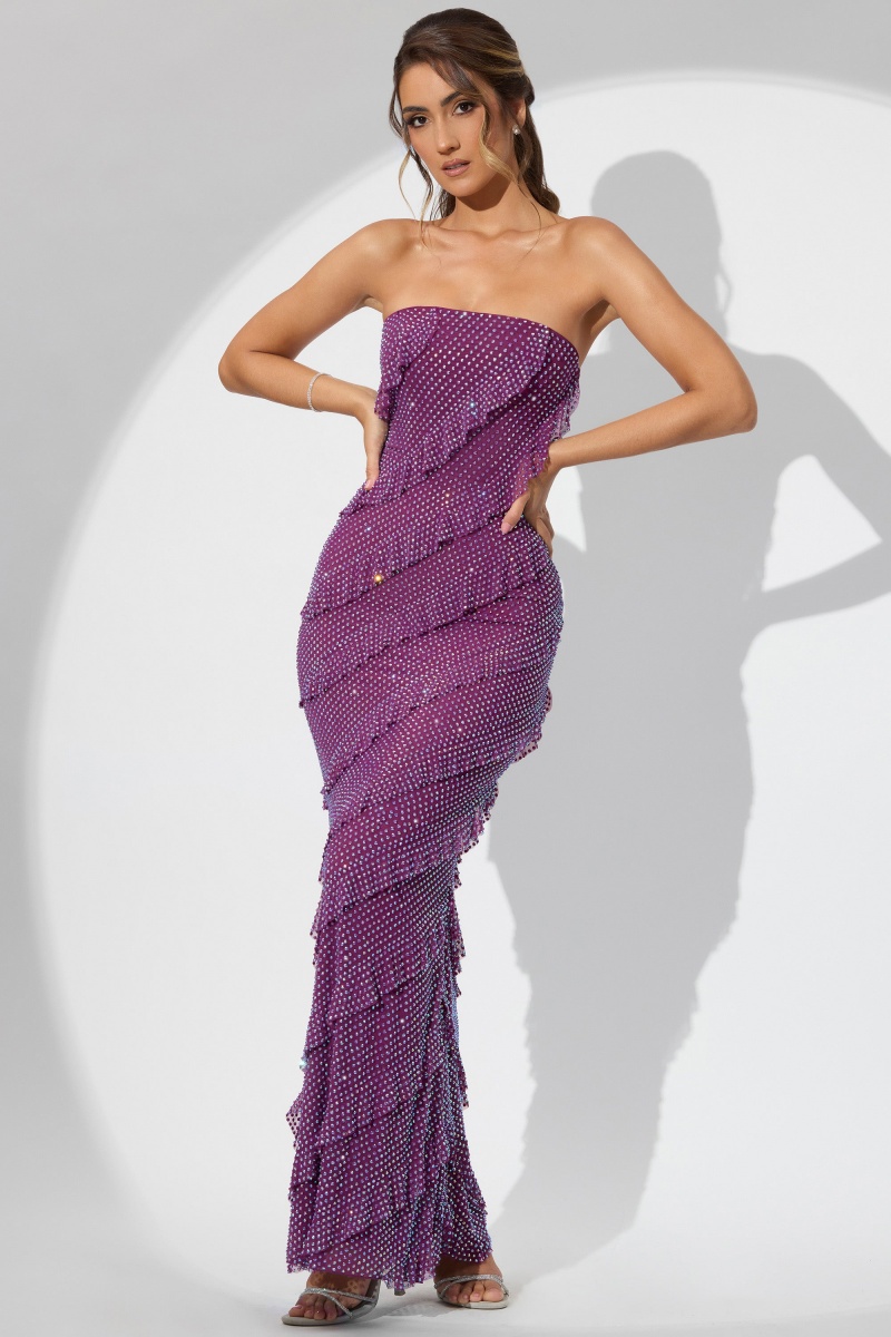 Purple Women\'s Oh Polly Embellished Strapless Ruffle Maxi Dress | 10349GTME