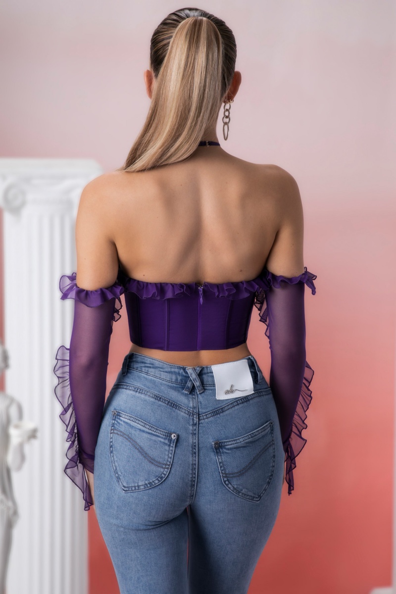 Purple Women's Oh Polly Frill Detail Cowl Neck Crop Tops | 79463AKZH