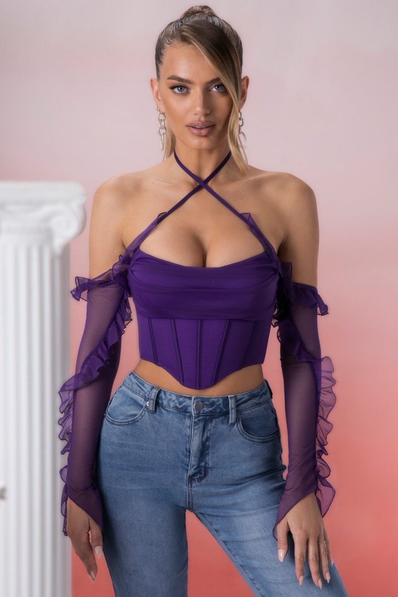 Purple Women's Oh Polly Frill Detail Cowl Neck Crop Tops | 79463AKZH