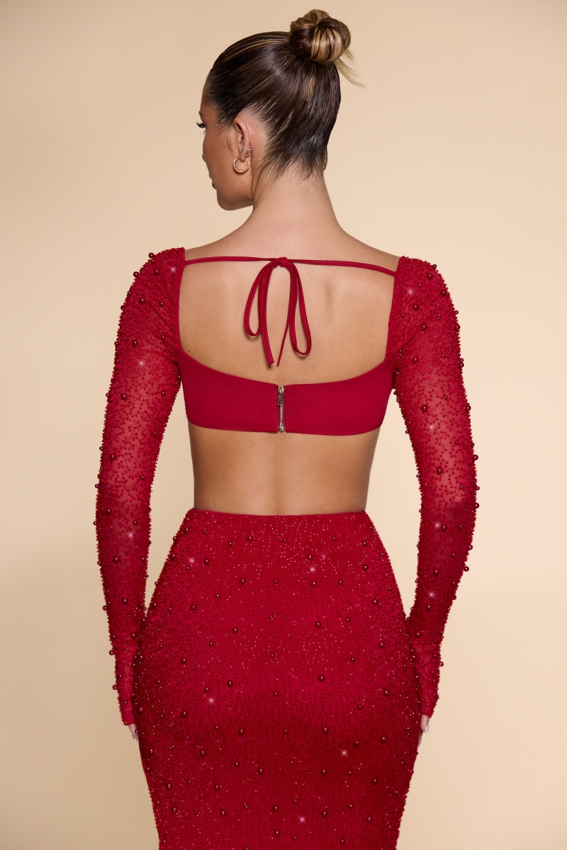 Red Women's Oh Polly Embellished Cowl Neck Crop Tops | 70439DSOB