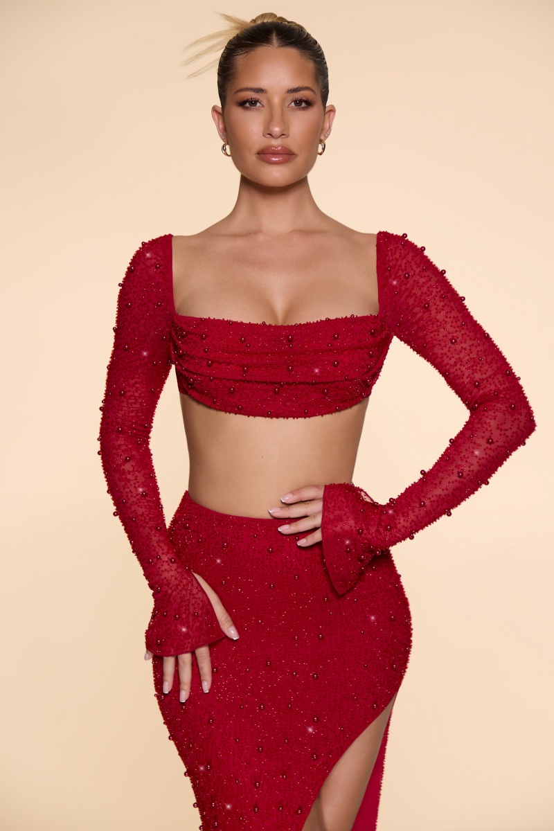 Red Women's Oh Polly Embellished Cowl Neck Crop Tops | 70439DSOB