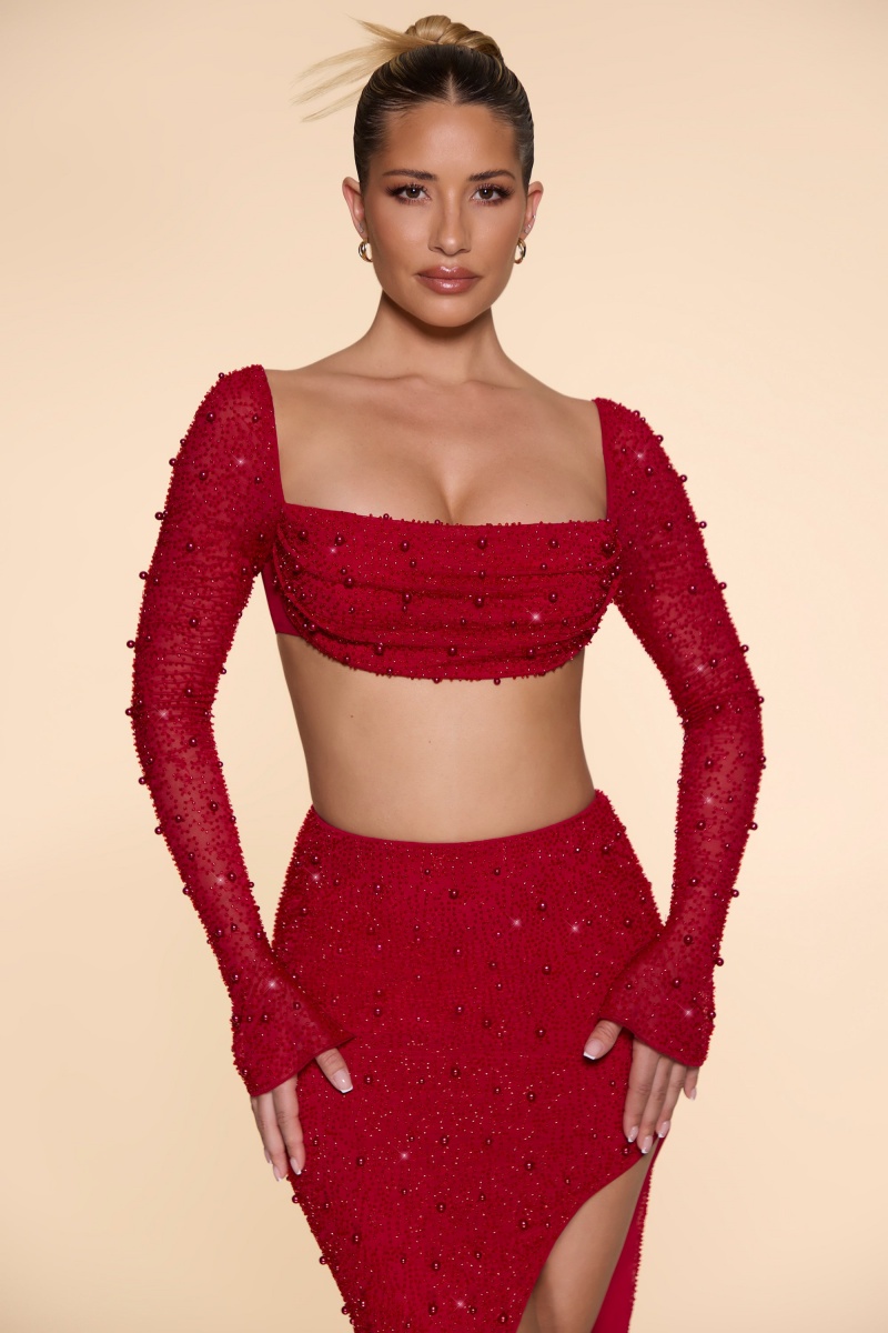 Red Women's Oh Polly Embellished Cowl Neck Crop Tops | 70439DSOB