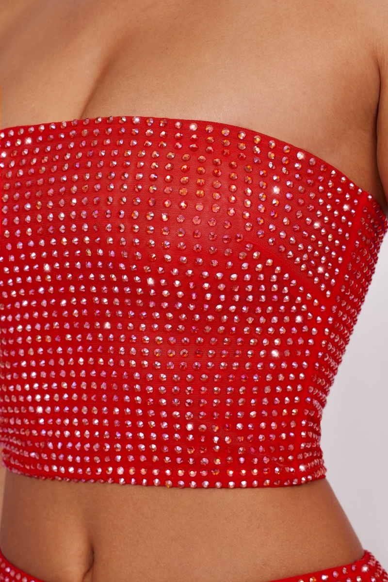 Red Women's Oh Polly Embellished Strapless Crop Tops | 45018PVKD