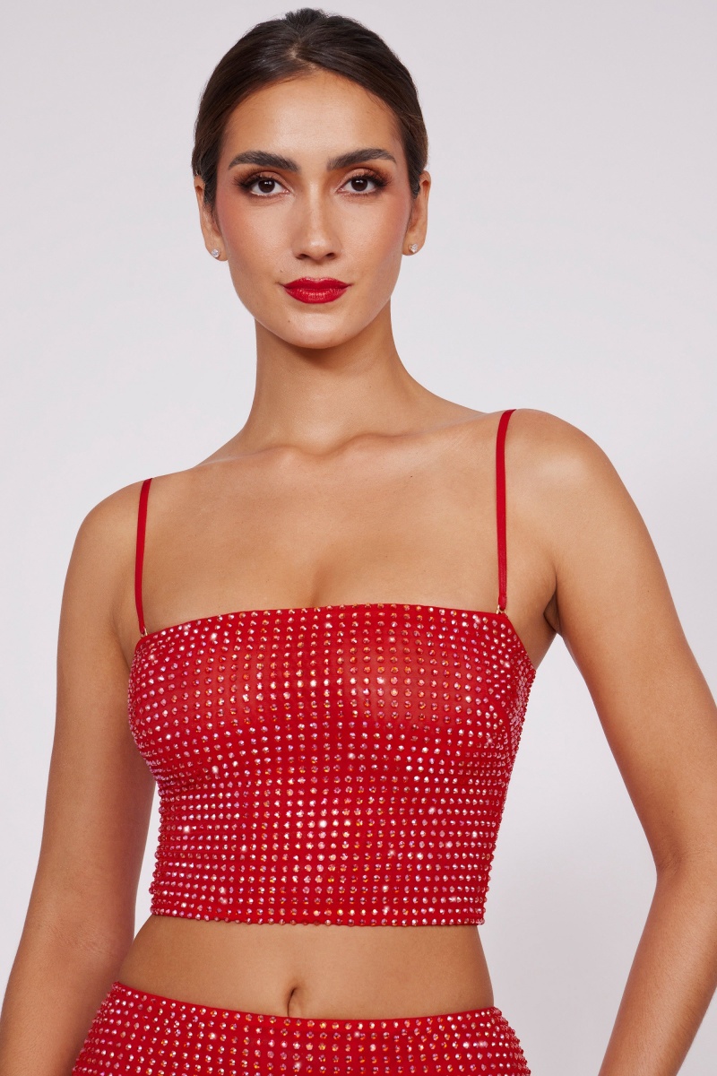 Red Women's Oh Polly Embellished Strapless Crop Tops | 45018PVKD