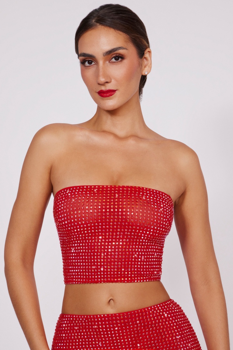 Red Women\'s Oh Polly Embellished Strapless Crop Tops | 45018PVKD