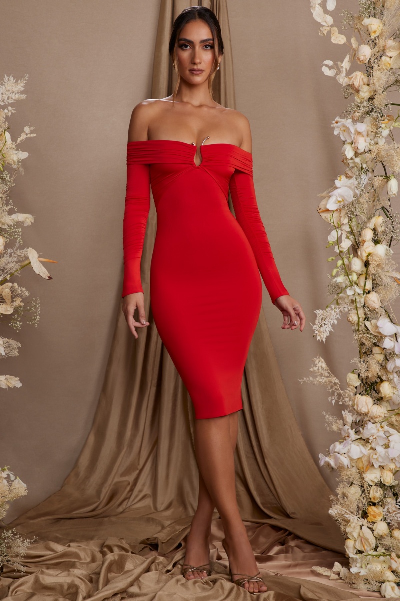 Red Women's Oh Polly Long Sleeve Bardot Neckline Midi Dress | 54830CMYX