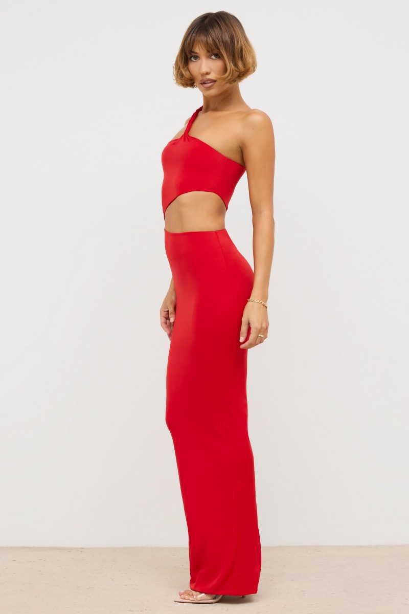 Red Women's Oh Polly Premium Jersey Asymmetric Cut Out Maxi Dress | 36472VOEK