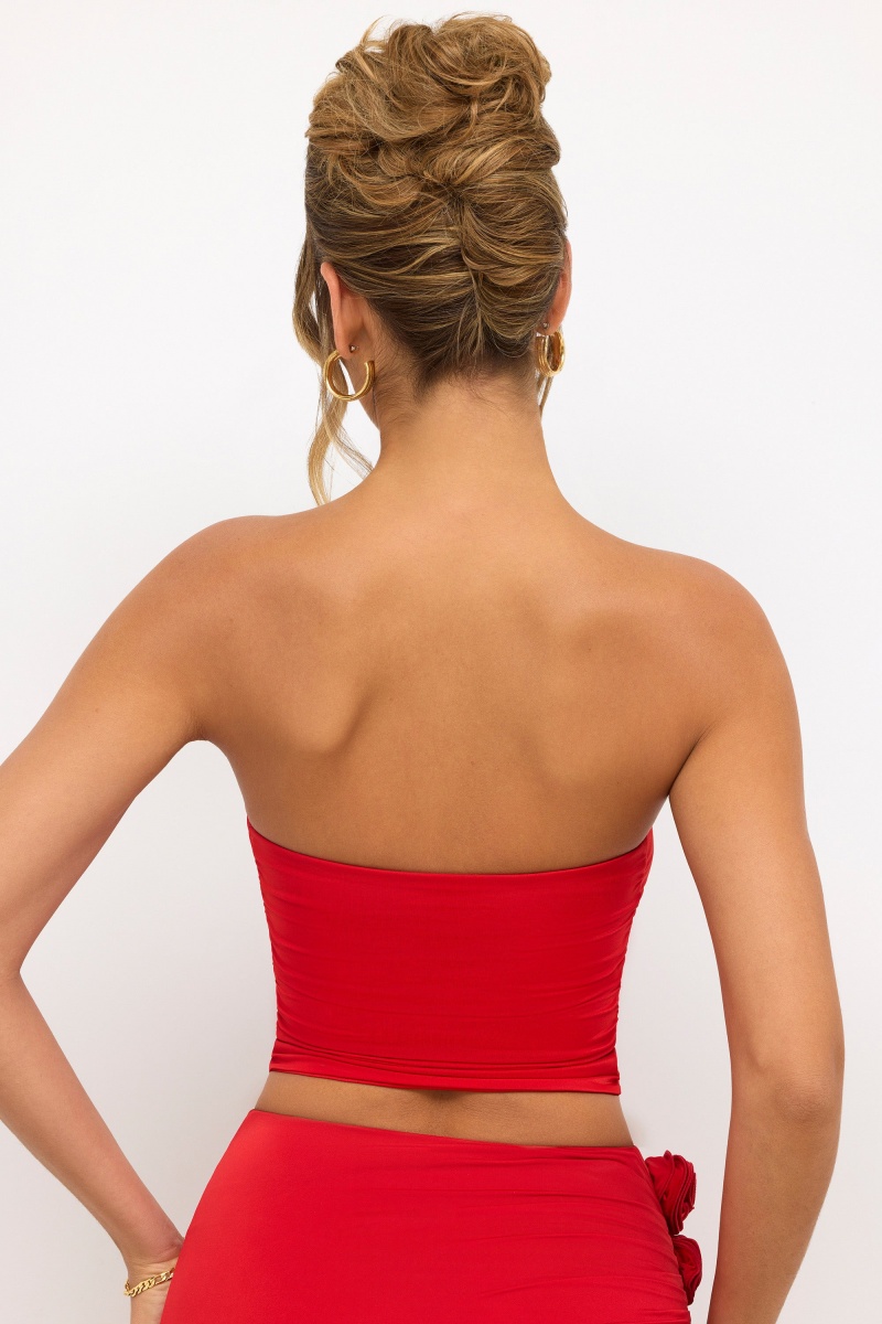 Red Women's Oh Polly Premium Jersey Strapless Plunge Neck Tops | 26041NJTR