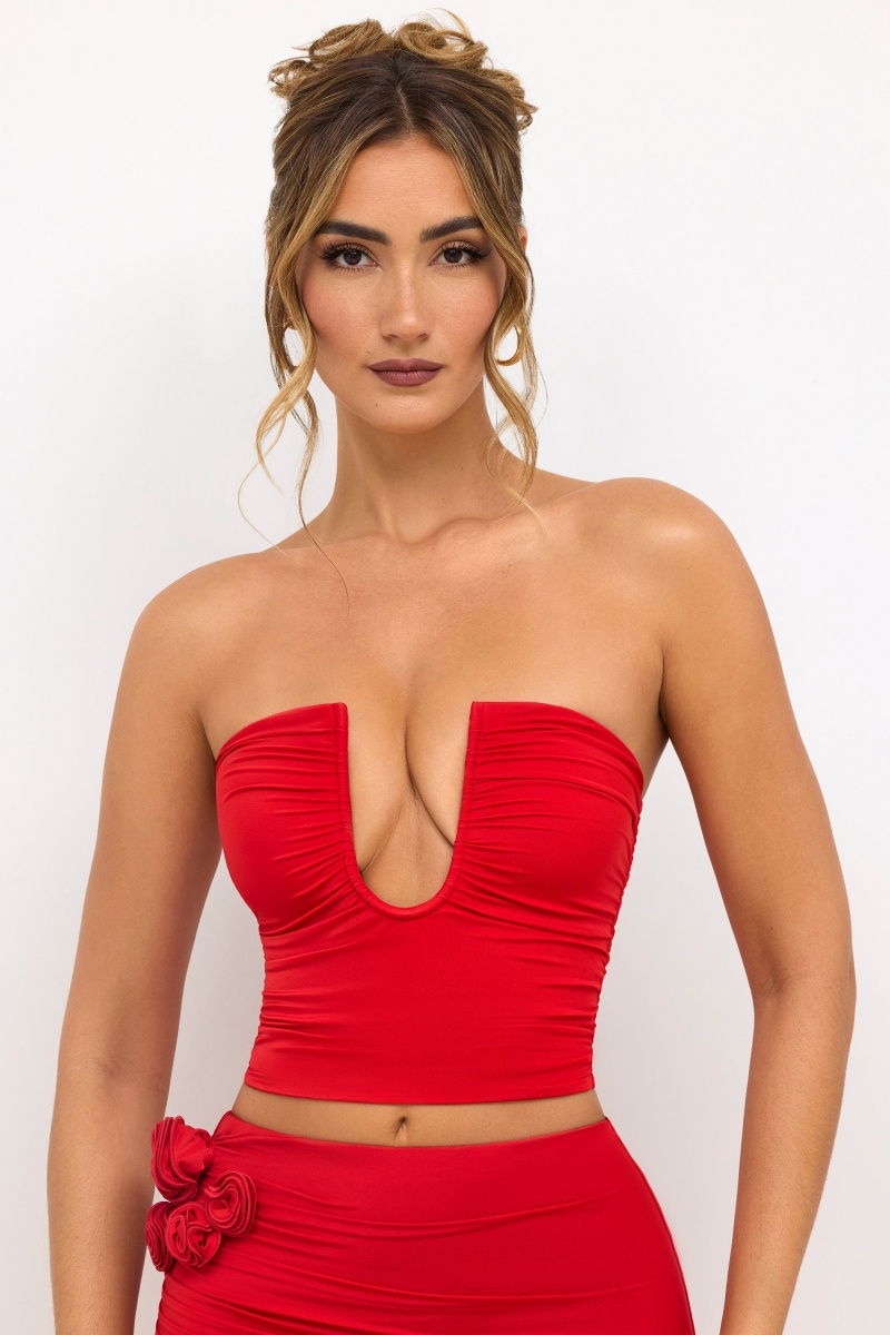 Red Women's Oh Polly Premium Jersey Strapless Plunge Neck Tops | 26041NJTR