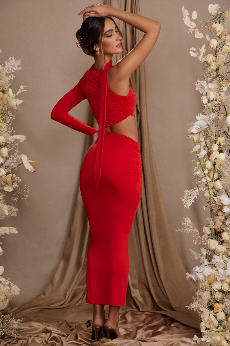 Red Women's Oh Polly Single Sleeve Cut Out Maxi Dress | 20837QDEG