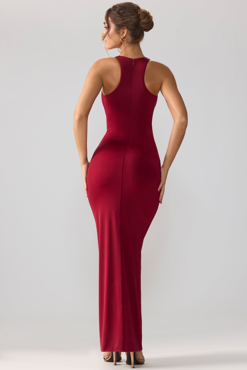 Red Women's Oh Polly Slinky Jersey Cut Out Ruffle Racerback Maxi Dress | 08915IVUN