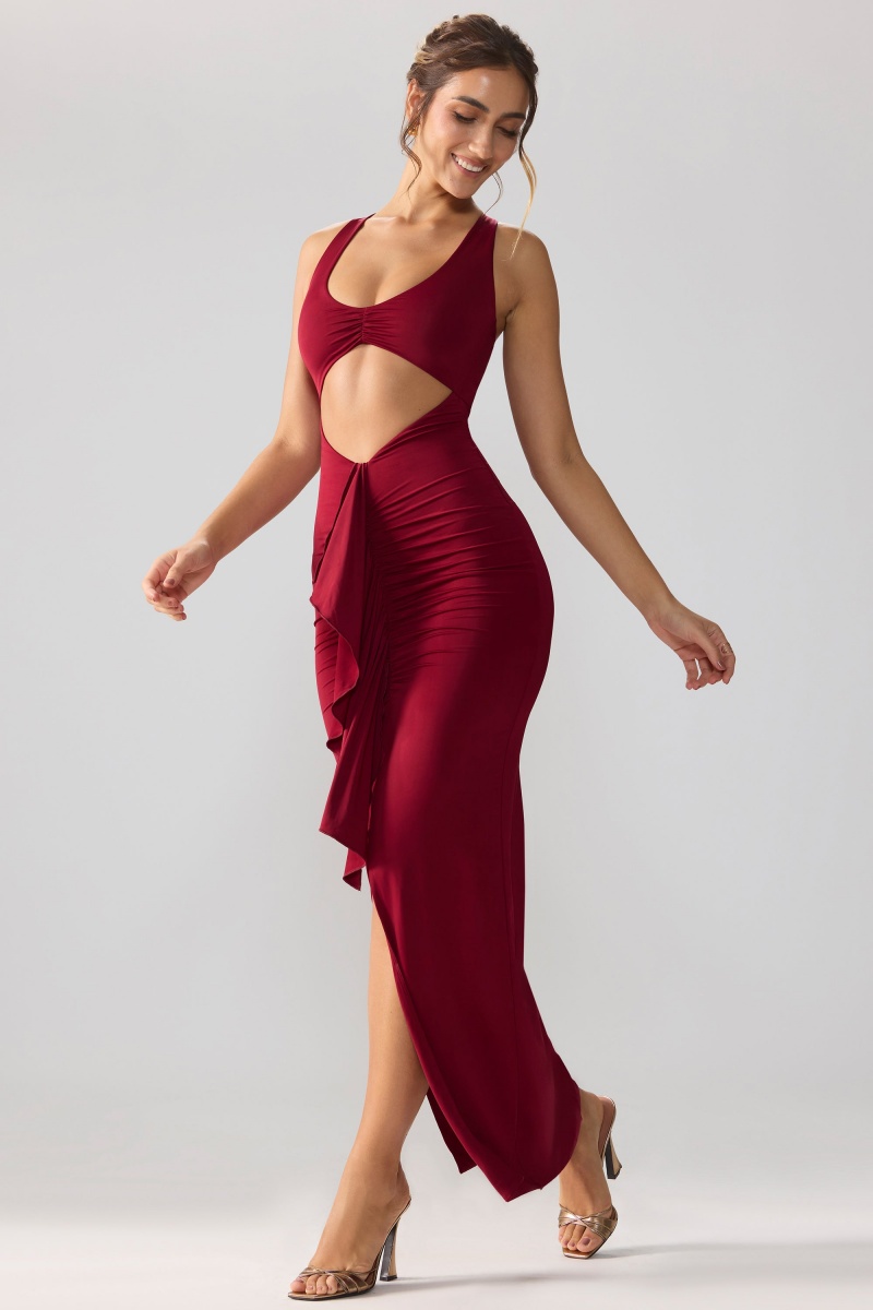 Red Women's Oh Polly Slinky Jersey Cut Out Ruffle Racerback Maxi Dress | 08915IVUN