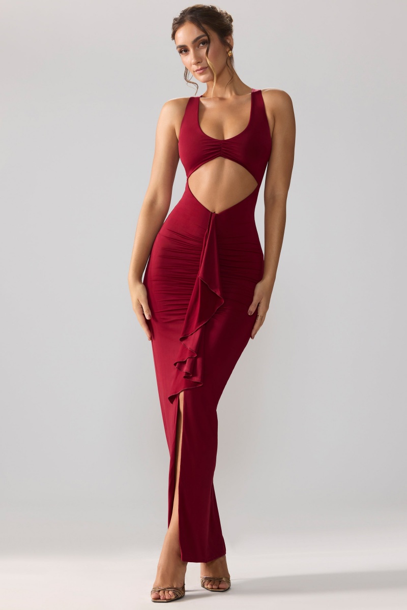 Red Women's Oh Polly Slinky Jersey Cut Out Ruffle Racerback Maxi Dress | 08915IVUN