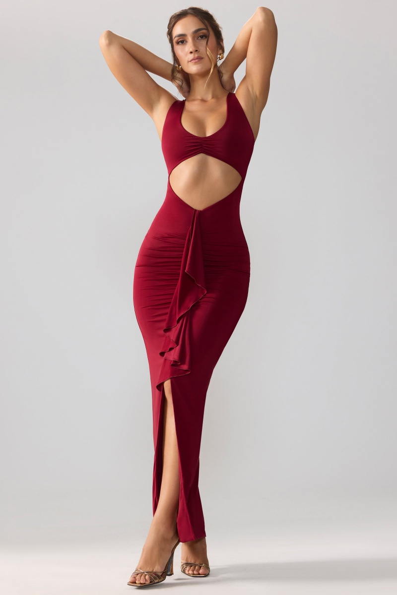 Red Women's Oh Polly Slinky Jersey Cut Out Ruffle Racerback Maxi Dress | 08915IVUN