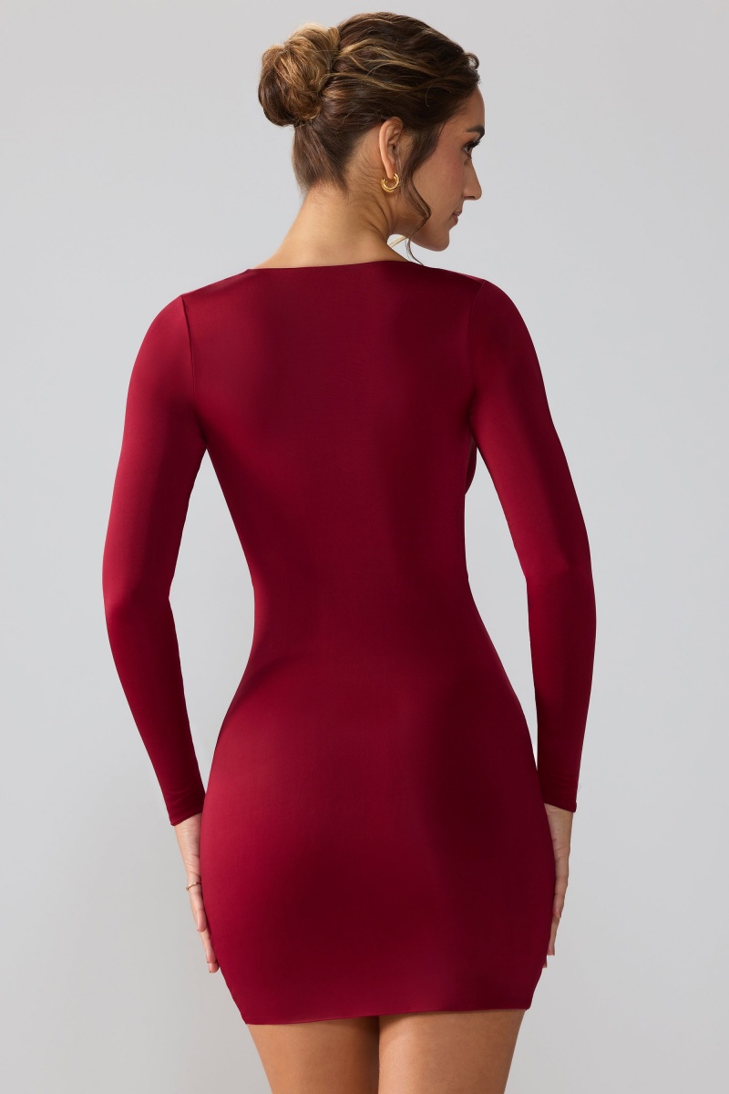 Red Women's Oh Polly Slinky Jersey Long Sleeve Plunge Neck Mini Dress | 63805KHMI