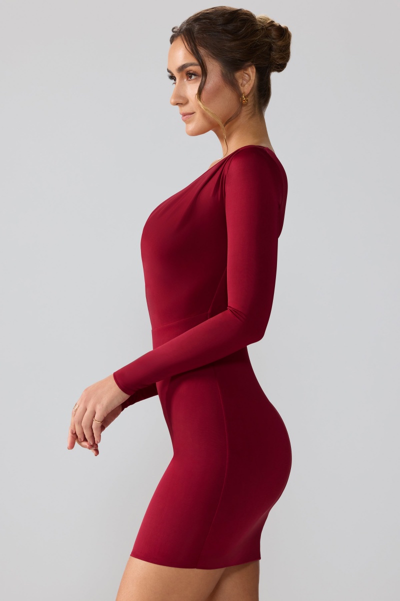 Red Women's Oh Polly Slinky Jersey Long Sleeve Plunge Neck Mini Dress | 63805KHMI