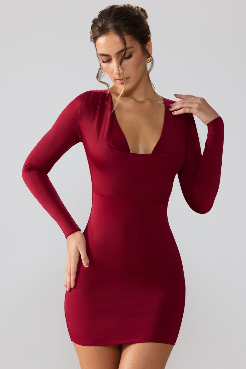 Red Women's Oh Polly Slinky Jersey Long Sleeve Plunge Neck Mini Dress | 63805KHMI