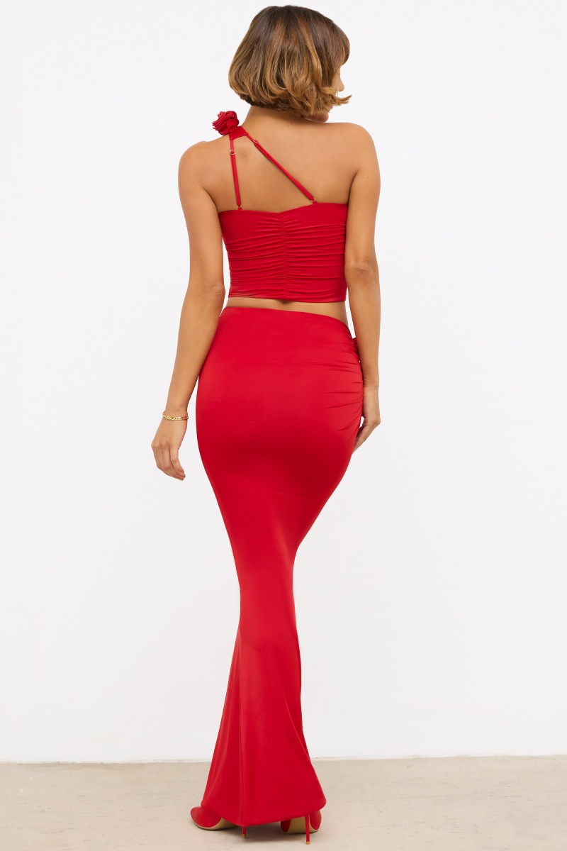 Red Women's Oh Polly Slinky Jersey Rose Detail Mid-Rise Maxi Skirts | 18276ICMA