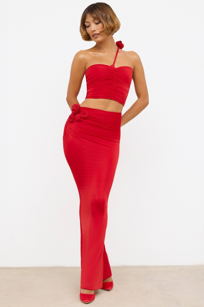 Red Women's Oh Polly Slinky Jersey Rose Detail Mid-Rise Maxi Skirts | 18276ICMA