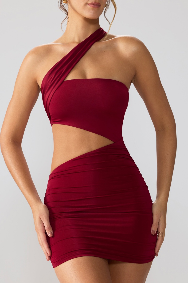 Red Women's Oh Polly Slinky Jersey Ruched Cut Out Mini Dress | 87109UPYA