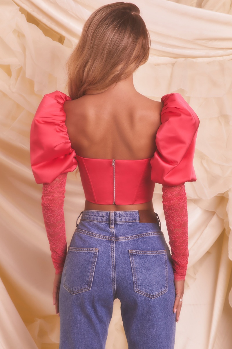 Rose Women's Oh Polly Puff Sleeve Satin Lace Crop Tops | 08269OMQY