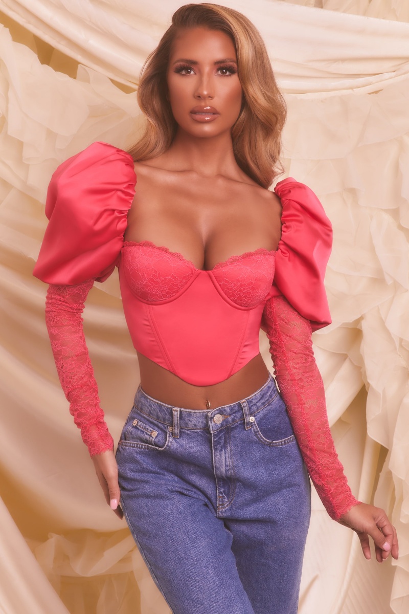 Rose Women's Oh Polly Puff Sleeve Satin Lace Crop Tops | 08269OMQY