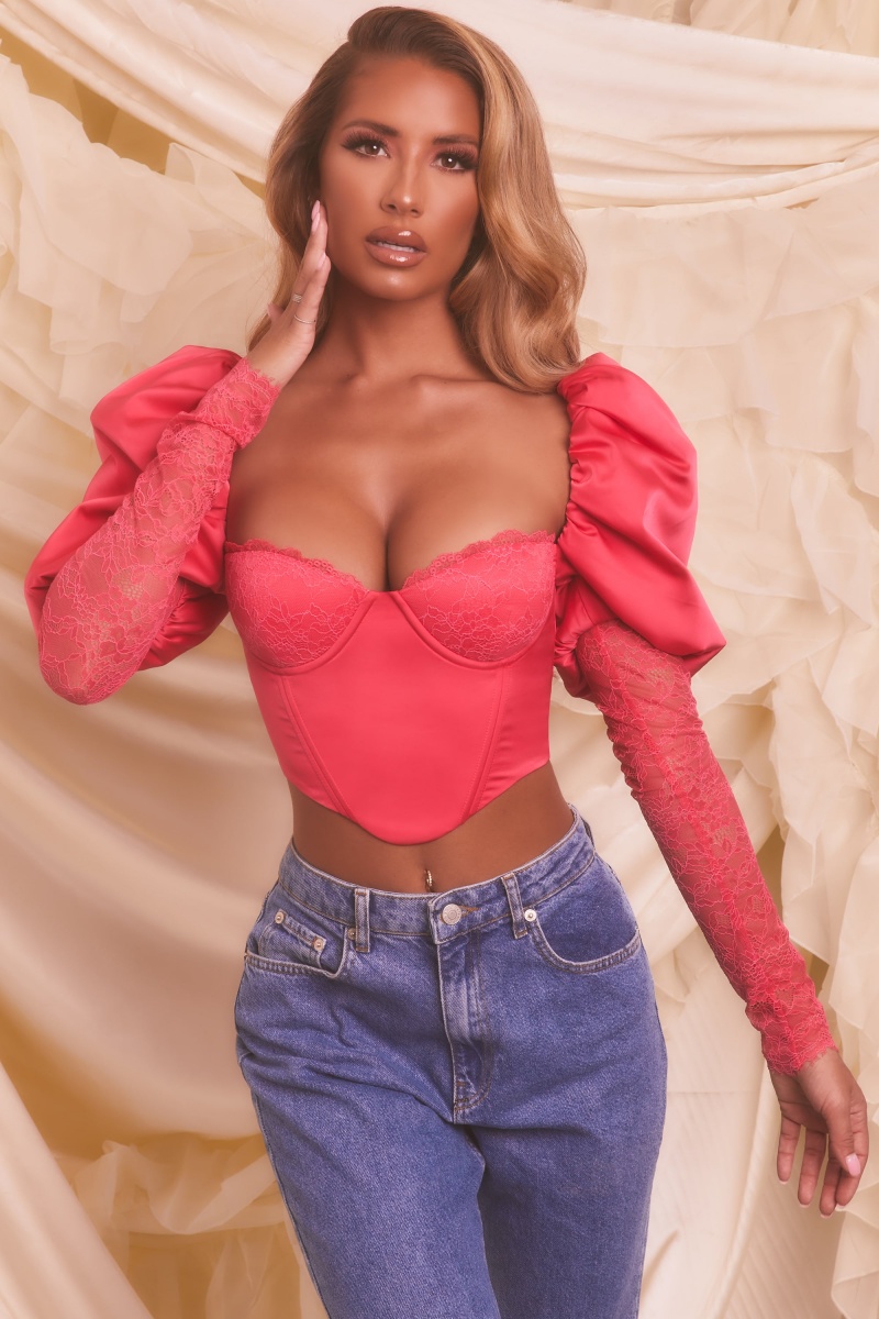 Rose Women's Oh Polly Puff Sleeve Satin Lace Crop Tops | 08269OMQY