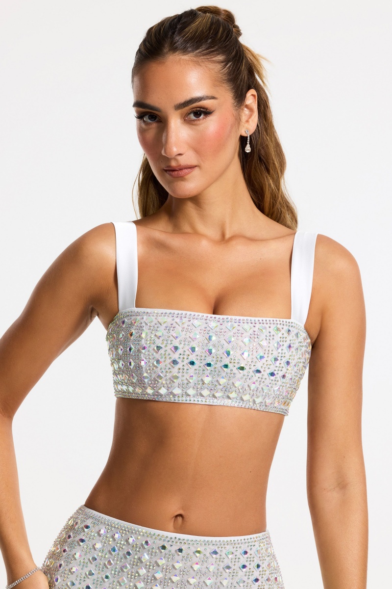 Silver Women's Oh Polly Embellished Square Neck Crop Tops | 03692REXC