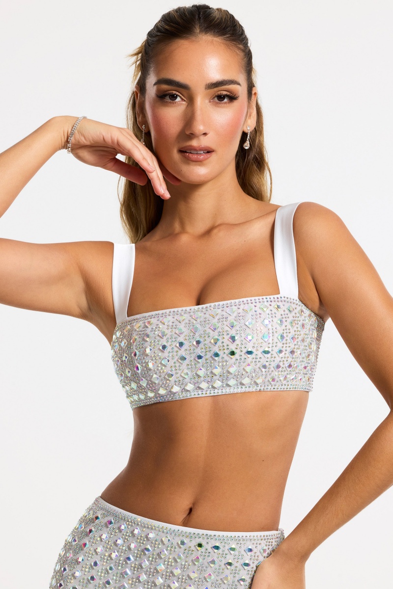 Silver Women's Oh Polly Embellished Square Neck Crop Tops | 03692REXC