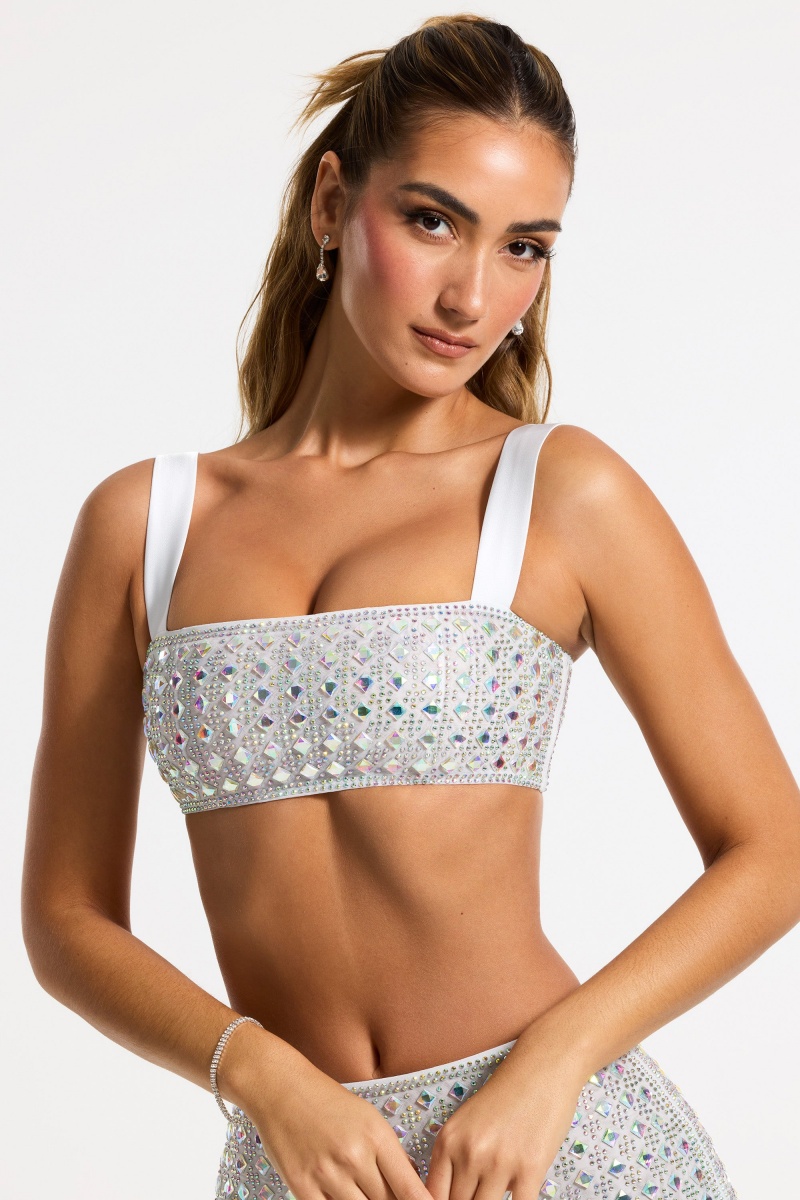 Silver Women's Oh Polly Embellished Square Neck Crop Tops | 03692REXC