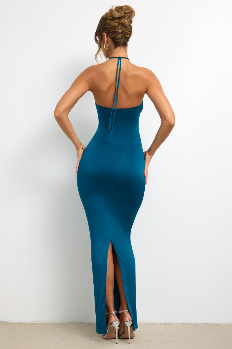 Turquoise Women's Oh Polly Slinky Jersey Rose Detail Halter Neck Maxi Dress | 21465SNDI