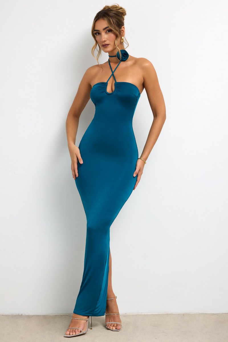 Turquoise Women's Oh Polly Slinky Jersey Rose Detail Halter Neck Maxi Dress | 21465SNDI