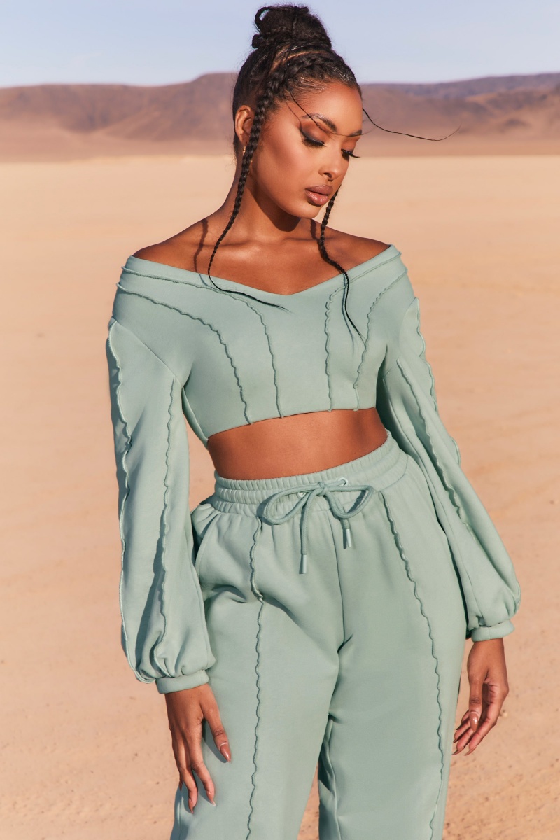 Turquoise Women's Oh Polly Uncovered Exposed Seam Bardot Crop Tops | 26053ERHP