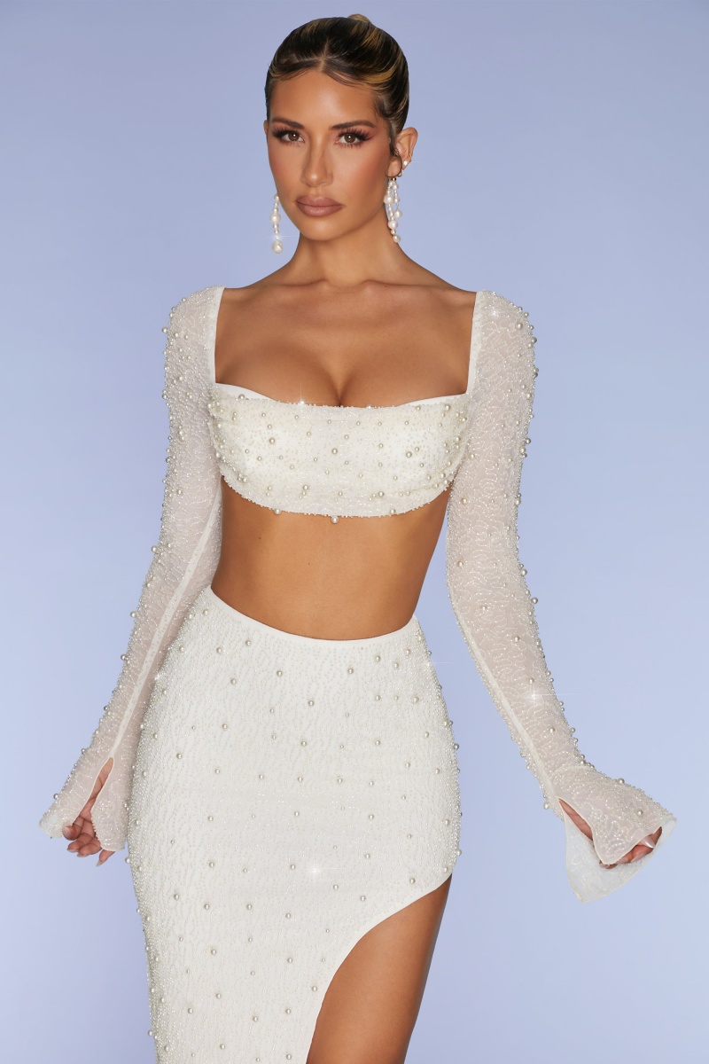 White Women's Oh Polly Embellished Cowl Neck Crop Tops | 21904EONM